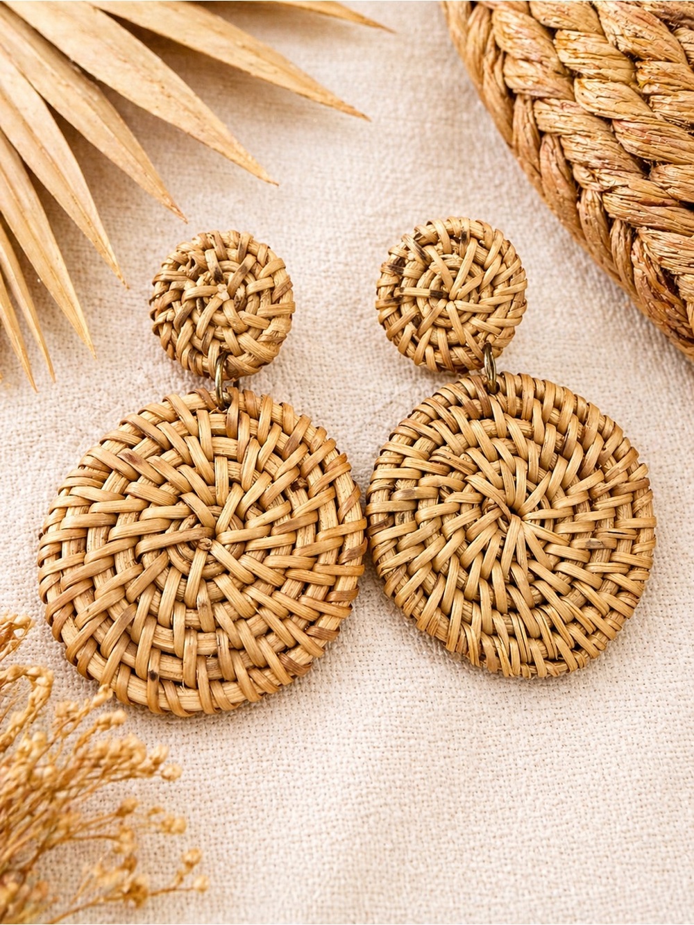 Woven Round Drop Earrings - Natural Straw